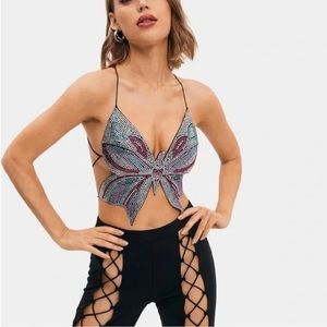Solado Butterfly Shape Rhinestone Decor Cross Tie Corset Top